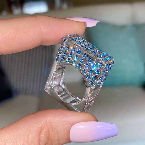 Acrylic Ring • Geometric Ring • Blue Swarovski Crystals • One Of A Kind Ring - Picture 5 of 13